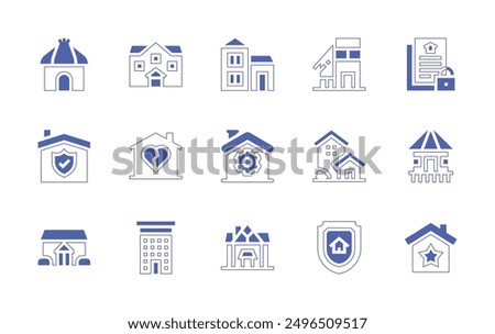 Property icon set. Duotone style line stroke and bold. Vector illustration. Containing mansion, insurance, cabin, homerepair, house, security, brokenheart, cottage, flat.