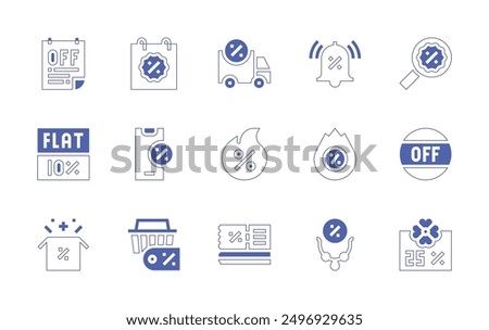 Discounts icon set. Duotone style line stroke and bold. Vector illustration. Containing discount, smartphone, shipping, calendar, magnifyingglass, bell, poster, hotsale.