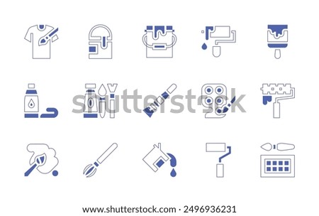 Painting icon set. Duotone style line stroke and bold. Vector illustration. Containing tshirt, paintbucket, painttube, paintbrush, paintpalette, paintroller, painting, paint.