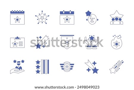 Star icon set. Duotone style line stroke and bold. Vector illustration. Containing starsandstripes, shootingstar, fallingstar, star, aviation, idcard, customer, calendar, rating.