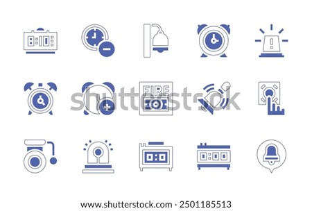 Alarm icon set. Duotone style line stroke and bold. Vector illustration. Containing alarmbell, alarmclock, firealarm, alarm, addalarm, emergencybutton, bell, remove, clock.