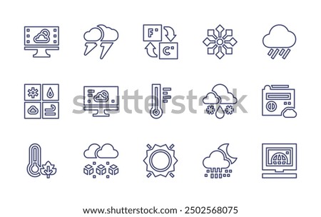 Weather forecast line icon set. Editable stroke. Vector illustration. Containing weatherforecast, weather, fahrenheit, sun, snowy, thermometer, hail, snowflakes, cloud, sleet.