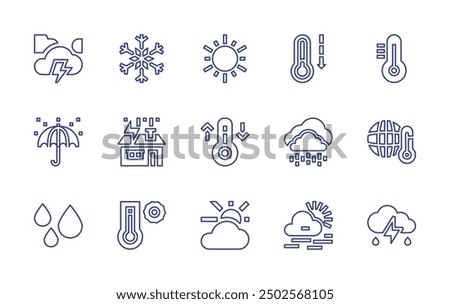 Weather forecast line icon set. Editable stroke. Vector illustration. Containing storm, rain, haze, globalwarming, coldwave, thunder, sun, temperature, snow, thunderstorm, umbrella, hot.