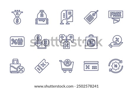 Sales line icon set. Editable stroke. Vector illustration. Containing salespipeline, sales, ticket, giftcard, voucher, favourite, discount, backpack, bowflags, pricetag.