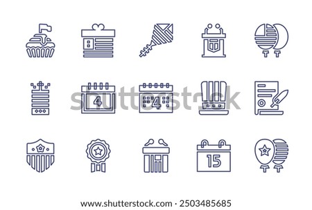 Independence day line icon set. Editable stroke. Vector illustration. Containing independenceday, thofjuly, cupcake, hat, tribune, medal, kite, firecracker, calendar, rostrum, giftbox, badge.