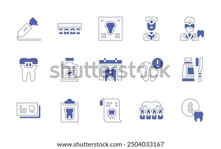 Dentist icon set. Duotone style line stroke and bold. Vector illustration. Containing dentist, tooth, braces, calendar, xray, toothbrush, medicalrecord, brackets, mouthwash.