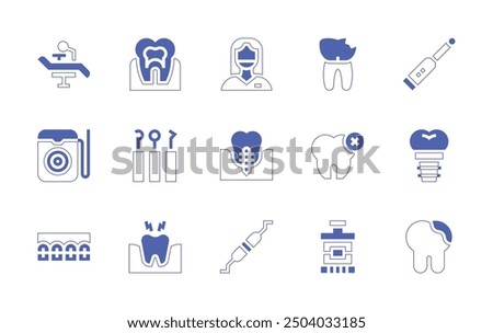 Dentist icon set. Duotone style line stroke and bold. Vector illustration. Containing chair, dentisttools, dentist, toothache, dentalfloss, dentalimplant, periodontalscaler, nerve, brackets.