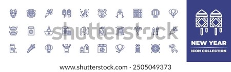 New Year line icon collection. Editable stroke. Vector illustration. Containing lantern, dragon, luckycharm, lion, confetti, redenvelope, sycee, firecracker, goldingot, coin.