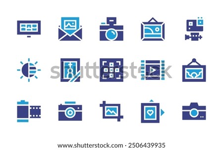 Photography icon set. Duotone color. Vector illustration. Containing film, photography, filmroll, memory, camera, focus, crop, photo, photocamera, exposure.