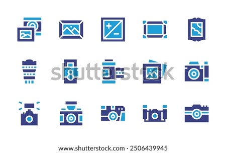 Photography icon set. Duotone color. Vector illustration. Containing cameraflash, photography, whitebalance, filmroll, camera, photocamera, image, cameralens.