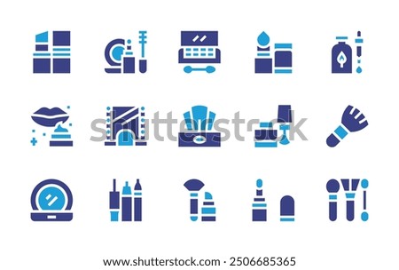 Makeup icon set. Duotone color. Vector illustration. Containing makeup, lipstick, eyeshadow, eyeliner, vaseline, mirror, powder, cosmetics, nailpolish.