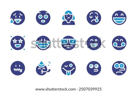 Expressionism icon set. Duotone color. Vector illustration. Containing surprised, heated, smile, party, secret, liar, happyface, sad, joker, burst, smart, grinning, meh.