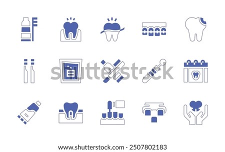 Dentist icon set. Duotone style line stroke and bold. Vector illustration. Containing toothbrush, toothpaste, dentist, tooth, dentaldrill, toothache, teeth, dentures, brackets.