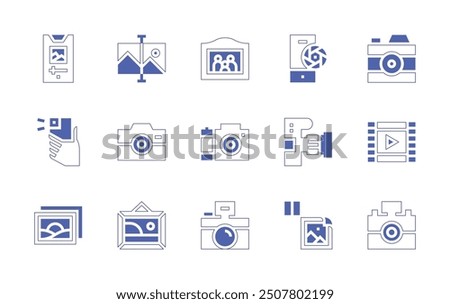 Photography icon set. Duotone style line stroke and bold. Vector illustration. Containing takeaphoto, filmroll, dslrcamera, camera, picture, camerashutter, image, photocamera, photoediting.