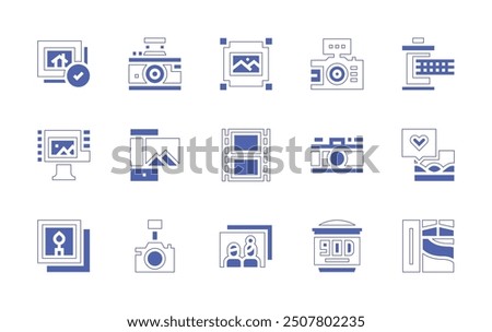 Photography icon set. Duotone style line stroke and bold. Vector illustration. Containing photo, image, gallery, picture, camera, film, filmreel, photocamera, photoediting.