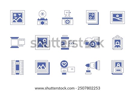 Photography icon set. Duotone style line stroke and bold. Vector illustration. Containing camera, image, film, filmroll, picture, photos, flash, reflector, album.