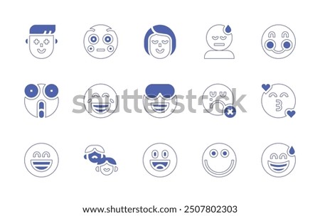 Expressionism icon set. Duotone style line stroke and bold. Vector illustration. Containing sweat, ashamed, smile, grinning, emotions, amazed, happy, sleeping, friendly, surprised, sad, cool.