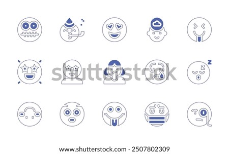 Expressionism icon set. Duotone style line stroke and bold. Vector illustration. Containing inlove, upsidedown, surprised, party, imagination, lucky, mocking, sad, facemask, secret, meh.