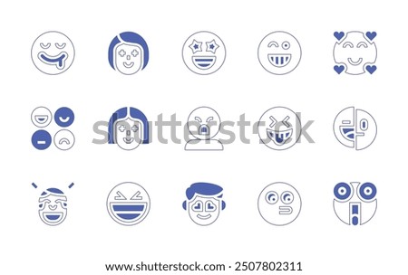 Expressionism icon set. Duotone style line stroke and bold. Vector illustration. Containing expressions, mood, laugh, lucky, amazed, surprised, liar, hungry, astonished, inlove, grinning.