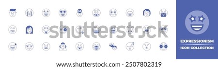 Expressionism icon collection. Duotone style line stroke and bold. Vector illustration. Containing clueless, sick, anguish, laugh, meh, mocking, facemask, suspicious, tongueout, drama, wink.