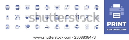 Print icon collection. Duotone style line stroke and bold. Vector illustration. Containing printer, newspaper, inklevel, dprinting, laptop, brochure, plotter, scanner.