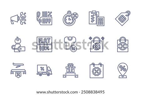 Sales line icon set. Editable stroke. Vector illustration. Containing clothes, giftbag, calculator, shoppingbag, percent, limitedtime, pricetag, discount.