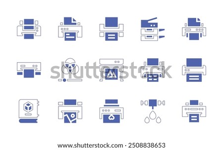 Print icon set. Duotone style line stroke and bold. Vector illustration. Containing printer, print, plotter, book, rgb, scan, ink.