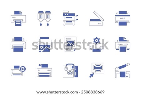 Print icon set. Duotone style line stroke and bold. Vector illustration. Containing paper, printer, printbutton, cartridge, multifunctionprinter, papercutter, scanner, dprinter.