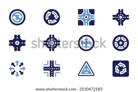 Roundabout icon set. Bold style. Duotone colors. roundabout, arrows circle, crossroad, four arrows, road.