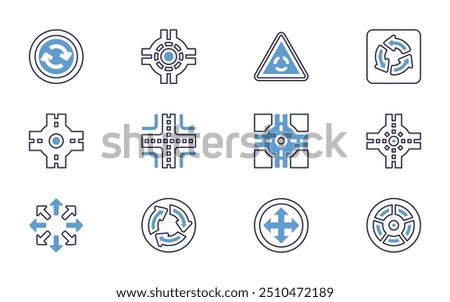 Roundabout icon set. Bold line style. Duotone colors. Editable stroke. roundabout, arrows circle, crossroad, four arrows, road.