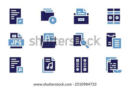 File icon set. Bold style. Duotone colors. music file, folder, medical record, file, files, jpg file, files and folders.