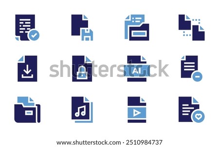 File icon set. Bold style. Duotone colors. music, file, save, file download, ai, video, remove.