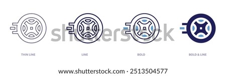 Tyre alignment icon in 4 different styles. Thin Line, Line, Bold, and Bold Line. Duotone style. Editable stroke.