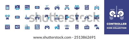 Controller icon collection. Duotone color. Vector illustration. Containing joystick, gamecontroller, controller, midi, opponent, gamepad, gameboy, livestreaming, videogame.