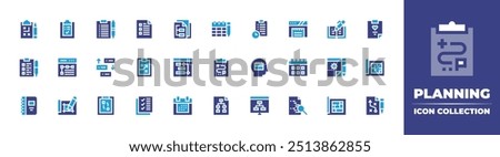 Planning icon collection. Duotone color. Vector illustration. Containing masterplan, planning, holidays, architecture, todolist, clipboard, notebook, strategy, prioritize.