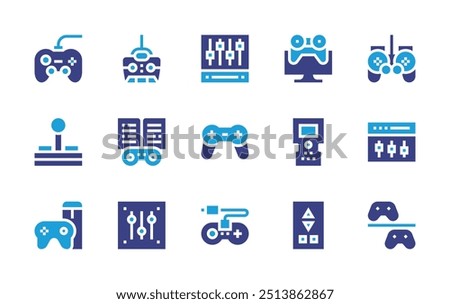 Controller icon set. Duotone color. Vector illustration. Containing joystick, gamecontroller, fieldcontroller, equalizer, videogames, gamepad, control, mixer, remotecontrol.