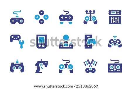 Controller icon set. Duotone color. Vector illustration. Containing handheldconsole, gamecontroller, discjockey, game, gamepad, racing, joystick, equalizer, videogame.