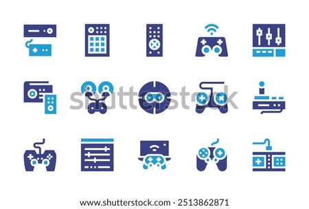 Controller icon set. Duotone color. Vector illustration. Containing gamecontroller, midi, console, opponent, soundcontrol, remotecontrol, streaming.