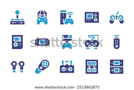 Controller icon set. Duotone color. Vector illustration. Containing gamecontroller, gamepad, gameboy, screen, gameconsole, joystick, portableconsole.