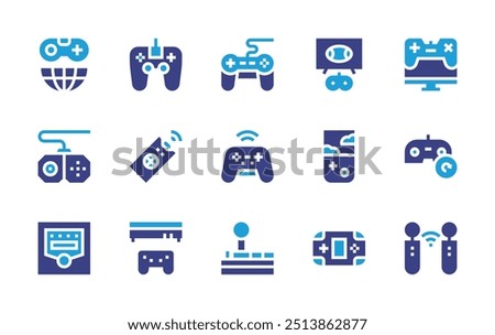 Controller icon set. Duotone color. Vector illustration. Containing controller, gamecontroller, videogame, joystick, refreshdata, gamepad, virtualreality, gameconsole.