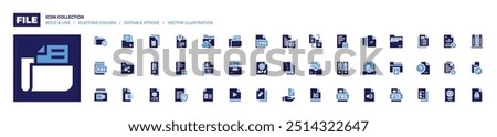 File icon collection. Bold style. Duotone colors. documents, folder, file, pdf, sharing, video, 3d file, upload, ai file format, text.