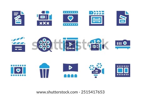 Film icon set. Duotone color. Vector illustration. Containing film, moviecamera, filmreel, filmroll, negative, popcorn, movieprojector, projector, cinema, video.