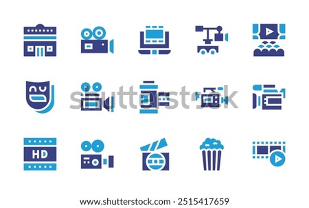 Film icon set. Duotone color. Vector illustration. Containing filmroll, films, videocamera, cameracrane, hd, bollywood, movie, cinema, popcorn, tragicomedy.