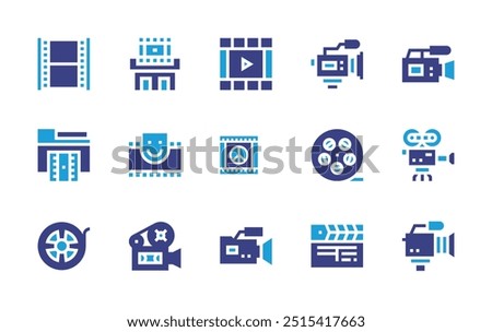 Film icon set. Duotone color. Vector illustration. Containing film, filmreel, moviefilm, filmtape, videocamera, comedy, clapperboard, cinema, moviecamera.