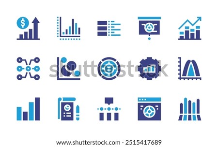 Chart icon set. Duotone color. Vector illustration. Containing bargraph, bubblegraph, barchart, piechart, donutchart, chart, gear, infographic, growth.