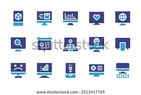 Screen icon set. Duotone color. Vector illustration. Containing screen, television, romantic, smartphone, monitor, computer, stats, videoconference, search, worldwide.