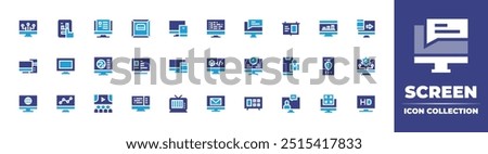 Screen icon collection. Duotone color. Vector illustration. Containing movietheater, tvscreen, monitor, computer, code, mail, responsive, geography, menu, appointment.