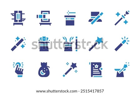 Magic icon set. Duotone color. Vector illustration. Containing wand, magicwand, magicstaff, magichat, magicdust, magicshow, magictrick, magicspell, card, magician.