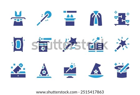 Magic icon set. Duotone color. Vector illustration. Containing magicwand, magiccarpet, wizardhat, photoediting, magiccape, magichat, magicbook, magic, saw.