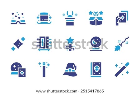 Magic icon set. Duotone color. Vector illustration. Containing stars, magichat, magicwand, magicbox, magicsymbols, magicball, magicbook, spellbook, sword, hat.